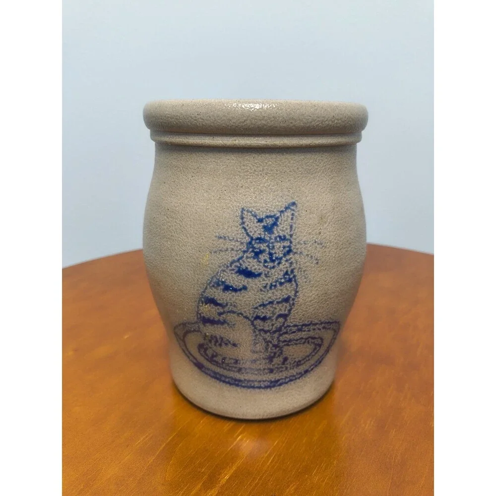 2001 Rowe Pottery Works 6.5 Inch Blue Cat Salt Glaze Stoneware Crock